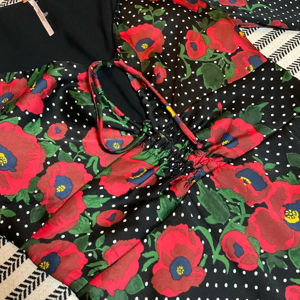Free People Black and Red Floral‎ Long Sleeve Dress